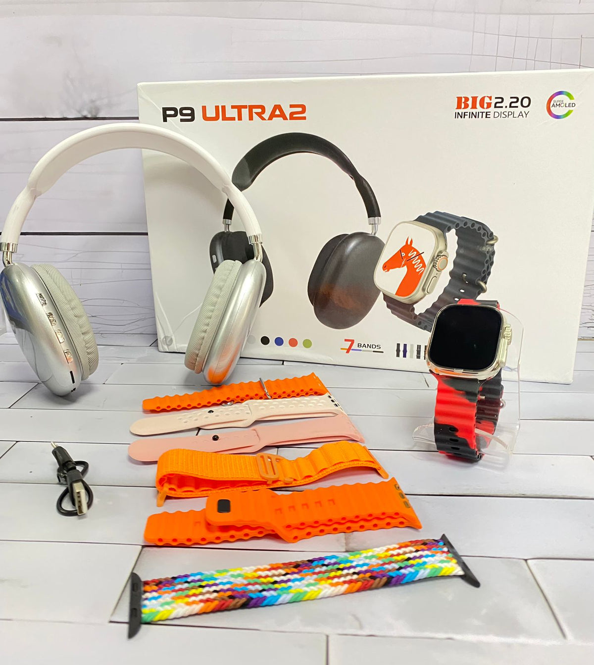 COMBO P9 ULTRA DIADEMA+RELOJ+7 MANILLAS